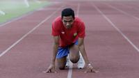 Pelari Indonesia, Lalu Muhammad Zohri, berpose saat ditemui di Stadion Madya, Senayan, Jakarta, Selasa (3/9). (Bola.com/M Iqbal Ichsan)