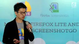 Kepala Produk Mozilla Asia Joe Cheng saat peluncuran Firefox Lite dan ScreenshotGo, Jakarta, (1/11). Dengan adanya perubahan nama (rebranding) tersebut, pihak Mozilla juga memperbarui tampilan dan desain peramban Firefox Lite. (Merdeka.com/Arie Basuki)