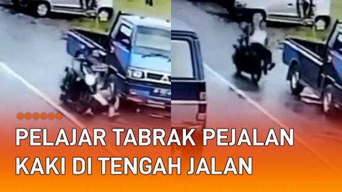 VIDEO: Tak Siap Berkendara, Pelajar Tabrak Pejalan Kaki di Tengah Jalan Terekam CCTV
