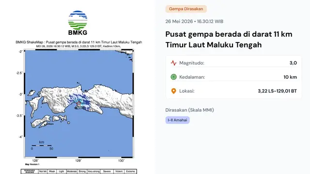 Gempa pukul 16:30:12 WIB, Selasa (26/5/202) membuat wilayah Maluku Tengah, Provinsi Maluku bergetar.
