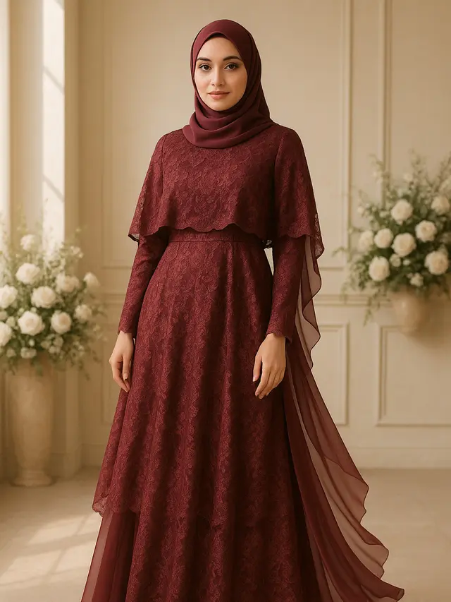 Model Gamis Brokat Burgundy