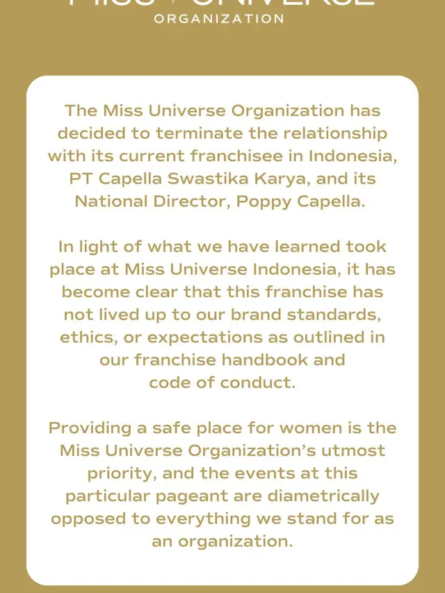 Lisensi Miss Universe Indonesia dan Malaysia Resmi Dicabut dari Tangan Poppy Capella, Ini Nasib Para Finalis dan Pemenang