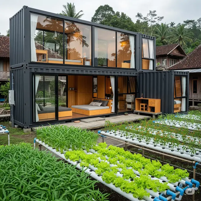Rumah Container Modern dengan Kebun Sayur Organik