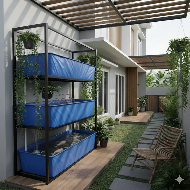 Model Teras dengan Kolam Terpal untuk Budidaya Ikan Air Tawar (Foto: Gemini AI)
