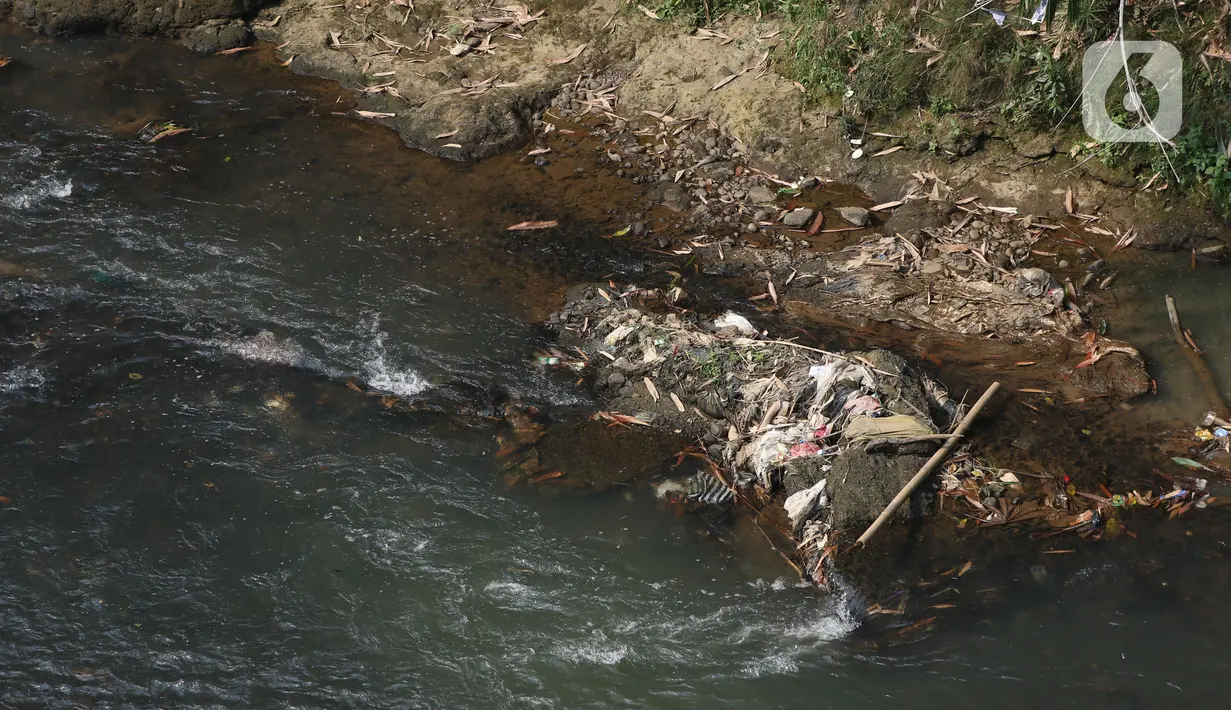 Ceceran sampah tersangkut batu di aliran Sungai Ciliwung, Kota Depok, Jawa Barat, Senin (27/7/2020). Setiap tanggal 27 Juli diperingati sebagai Hari Sungai Nasional, namun ironisnya kondisi sungai Ciliwung masih terlihat banyak ceceran sampah, terutama plastik. (Liputan6.com/Helmi Fithriansyah)