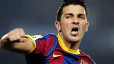 Selebrasi striker Barcelona David Villa seusai menjebol gawang Malaga dalam lanjutan La Liga yang berlangsung di Nou Camp Stadium, 16 Januari 2011. Barca unggul 4-1. AFP PHOTO / JOSEP LAGO 