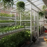 Desain kandang ayam permaculture modern. Integrasi kandang dengan greenhouse atau kebun mini. [Foto: Gemini]
