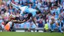 Manchester City tampil perkasa ketika menjamu Fulham di Etihad Stadium pada lanjutan Liga Inggris. The Citizens menang telak 5-1 berkat hat-trick mesin gol Erling Haaland. (AP Photo/Dave Thompson)