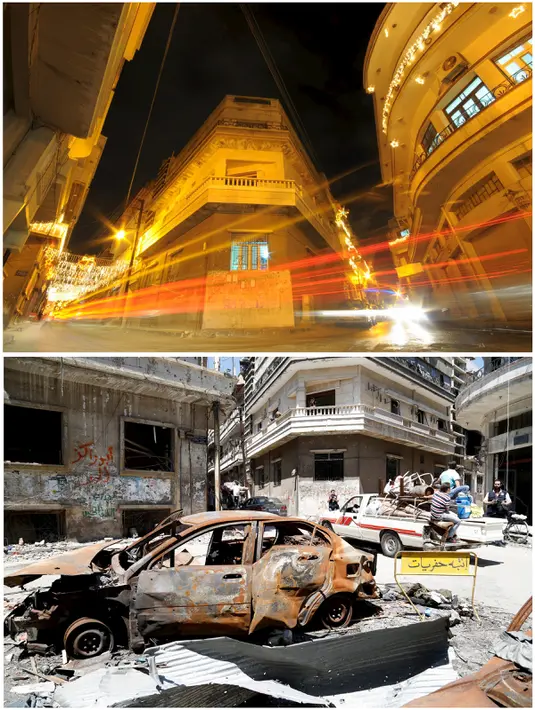 Sebuah foto kombinasi menunjukkan jalan di kota Homs pada tanggal 26 Desember 2008 (atas) dan jalan yang sama kini rusak setelah perang saudara antara pemberontak dan pembela rezim Bashar al Assad, pada 13 Mei 2014. (REUTERS/Omar Sanadiki)
