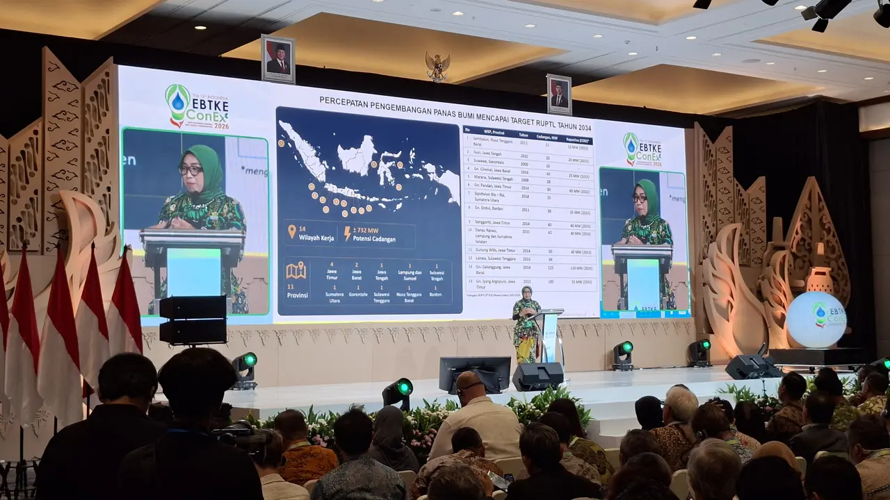 Direktur Jenderal Energi Baru, Terbarukan, dan Konservasi Energi (EBTKE) Kementerian ESDM, Eniya Listiani Dewi di gelaran Indonesia EBTKE ConEx 2026 di JIExpo Kemayoran, Jakarta, Rabu (2/9/2026). (Liputan6.com/Arief Rahman H)