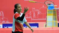 Tunggal putri Hana Ramadini belum mampu menyumbang angka untuk Tim Kualifikasi Piala Uber Indonesia saat melawan Tingkok pada babak perempat final di Gachibowli, Hyderabad, India, Jumat (19/2/2016). (Liputan6.com/Humas PP PBSI)