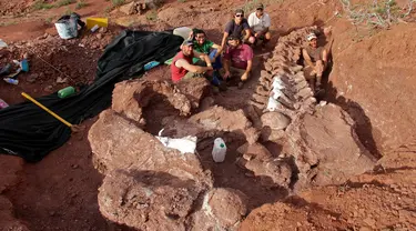 Gambar yang dirilis pada 20 Januari 2021 menunjukkan ahli paleontologi selama penggalian di mana fosil berusia 98 juta tahun ditemukan di barat daya Argentina. Fosil besar yang ditemukan diperkirakan berasal dari dinosaurus terbesar yang pernah ditemukan. (JOSE LUIS CARBALLIDO/CTyS-UNLaM /AFP)