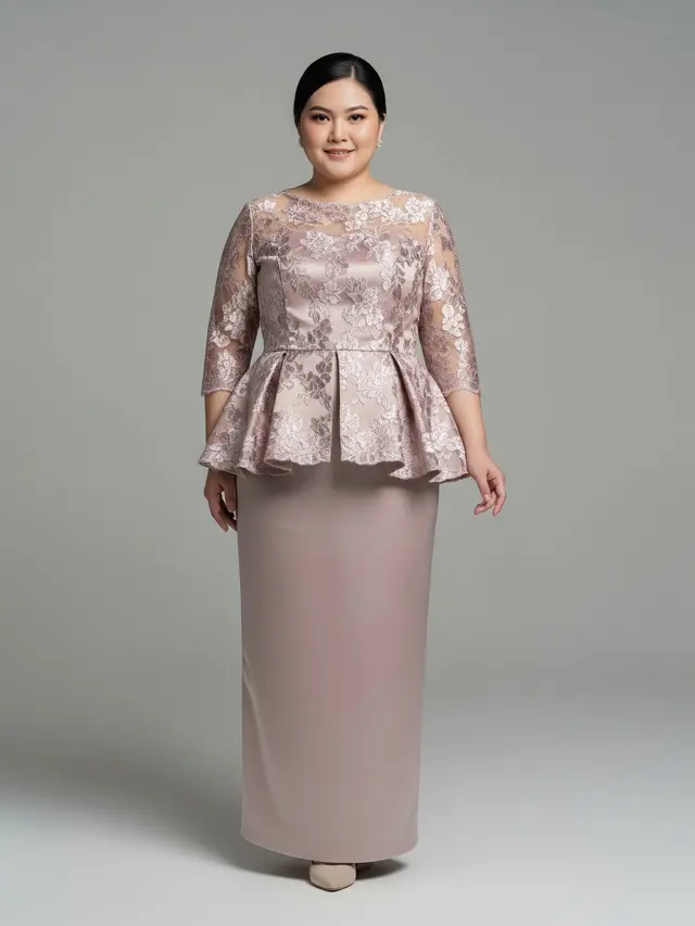 Model Baju Bridesmaid Satin Brokat yang Stylish dengan Atasan Peplum Brokat dan Rok Satin Lurus