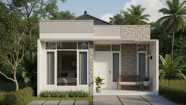 Desain Eksterior Rumah Kecil di Desa Tampak Modern Elegan