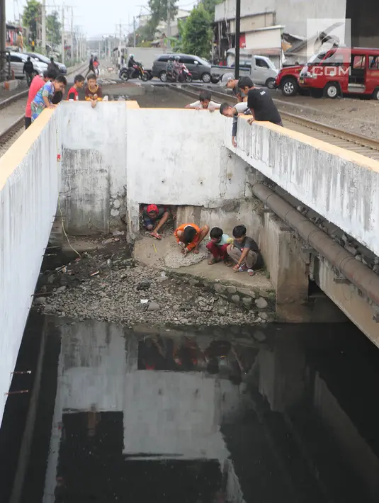Warga melihat petugas melakukan pencarian buaya di Kali Grogol, Jakarta Barat, Jumat (29/6). Pencarian buaya sempat membuahkan hasil pada hari ketiga, namun kondisi teknis lapangan membuat predator itu kembali lepas. (Liputan6.com/Arya Manggala)