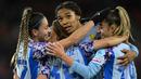 Pemain Timnas Wanita Spanyol melakukan selebrasi setelah Maite Oroz (kedua kiri) mencetak gol ke gawang Swiss pada laga Grup D UEFA Nations League 2023/2024 di The Letzigrund Stadium, Zurich, Swiss pada 31 Oktober 2023 waktu setempat. Laga dimenangkan oleh Spanyol dengan skor 7-1. (AFP/Sebastien Bozon)