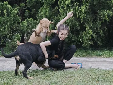 Devina Aureel merupakan seorang pencinta binatang. Ia kerap mengabadikan momen bermain bersama anjing peliharaa. Keakraban Devina dengan anjingnya ini menjadi bukti bahwa ia memang sosok yang dekat dan hangat meskipun kepada binatang. (Liputan6.com/IG/@devinaureel)