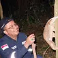 Didamping salah seorang petugas dari Pertamina, seekor Kukang Jawa langsung memanjat dan bergelayut di pohon setelah dilepasliarkan di hutan alam Talaga Bodas, Garut, Jawa Barat (Liputan6.com/Jayadi Supriyadin)