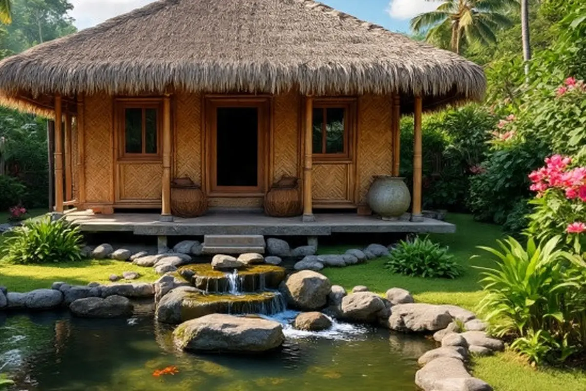 Model Rumah Bambu Gaya Bali Dengan Kolam Ika (Sumber Gambar: Meta AI)