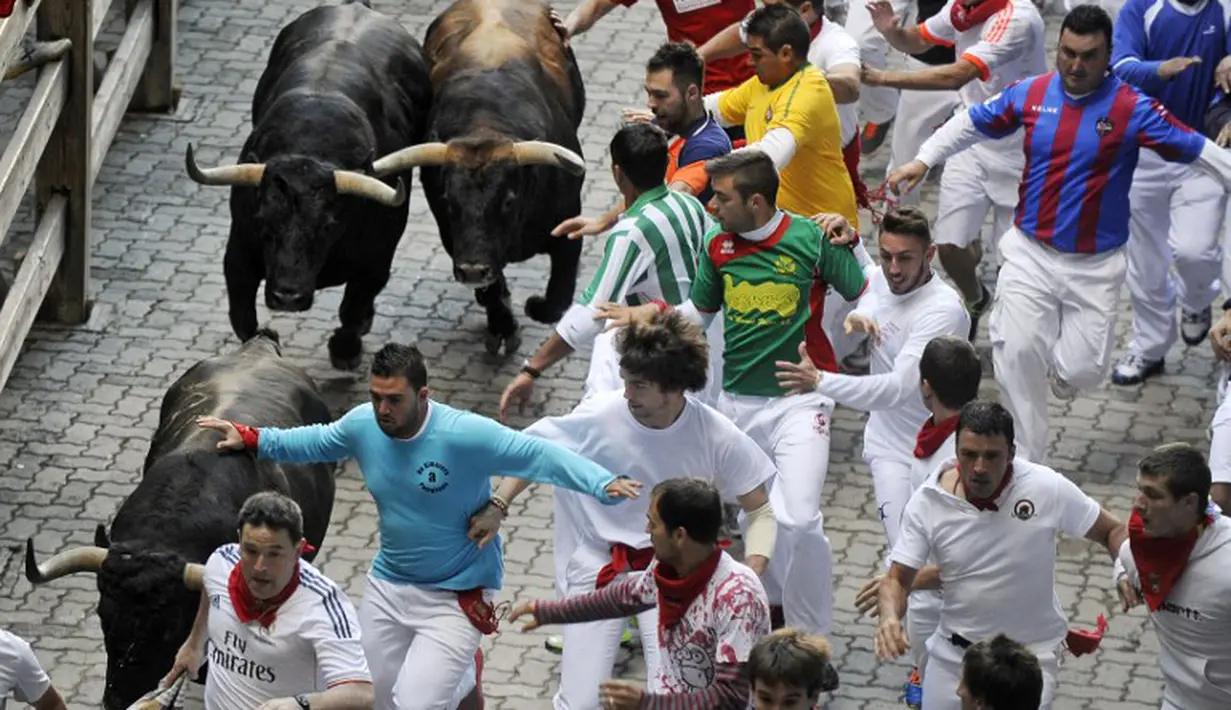 Ribuan orang yang membawa syal merah berlari menghindari serudukan dari banteng-banteng yang sengaja dilepas di Festival San Fermin di Pamplona, Spanyol (10/07/2014) (AFP PHOTO/Ander GILLENEA)