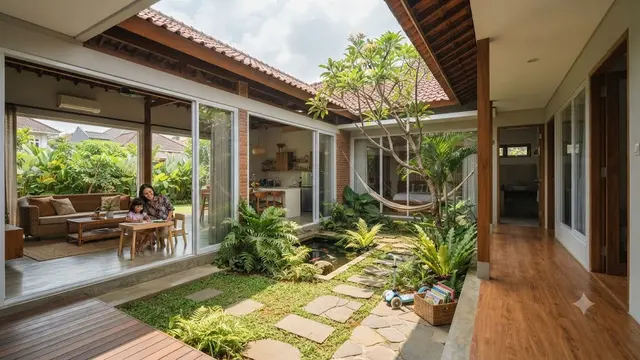 Rumah family friendly yang bisa dicoba dan benar-benar dirancang untuk kenyamanan keluarga model rumah dengan taman di tengah