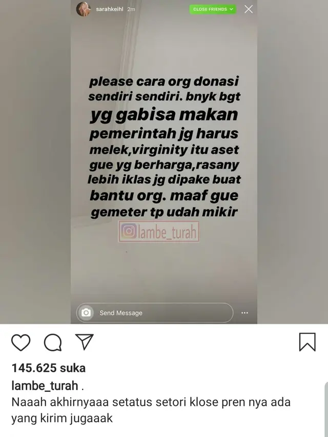 Unggahan Sarah Salsabila. (Foto: Instagram @lambe_turah)