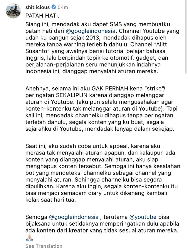 Penulis Alitt Susanto Patah Hati, Kanal YouTube yang Sudah Dibangun Sejak 2013 Mendadak Dihapus Tanpa Peringatan