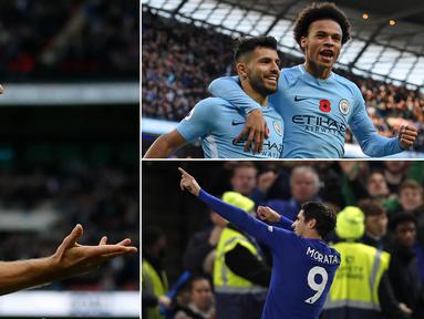 Berikut ini klasemen top scorer Premier League 2017/2018 hingga pekan ke-11 yang dipimpin oleh Sergio Aguero dan Harry Kane. (Kolase foto-foto dari AFP)
