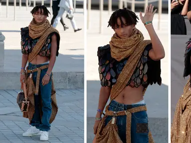 Foto kolase Jaden Smith saat tiba untuk presentasi koleksi Louis Vuitton Womenswear Sping-Summer 2023 selama Paris Fashion Week, di Paris, pada 4 Oktober 2022. (AFP/GEOFFROY VAN DER HASSELT)