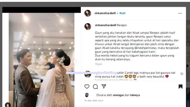 Momen resepsi pernikahan adik Indah Permatasari, Sinta Mutiara Bella (Foto: Instagram sintamutiarabell)