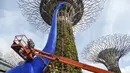 Petugas merekatkan patung dinosaurus di Gardens by the Bay, Singapura, Senin (28/2). Rencananya akan dipamerkan sebanyak 11 dinosaurus beraneka warna untuk merayakan Festival Anak di Singapura. (AFP PHOTO / Roslan RAHMAN)