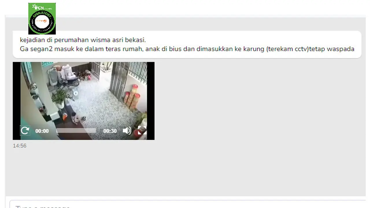 Tangkapan layar klaim video penculikan anak dibius kemudian dimasukan kekarung di Wisma Asri Bekasi