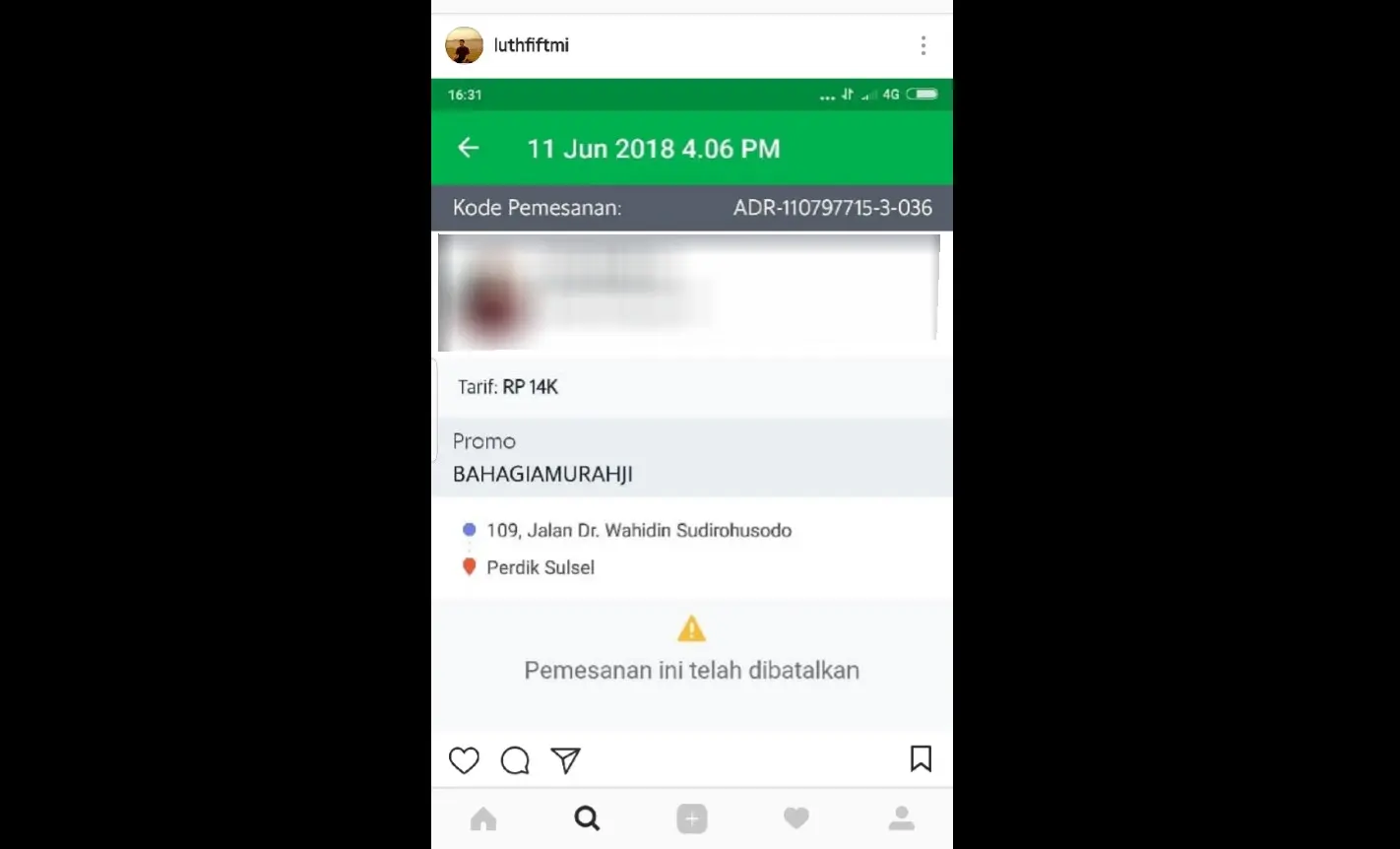 Screenshot pengemudi ojek daring setelah membatalkan pesanan penyandang tunanetra (Instagram/@luthfiftmi)