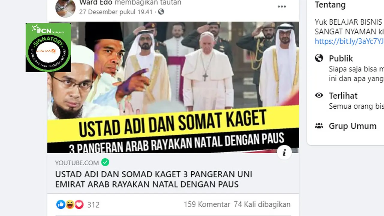 Cek Fakta Liputan6.com menelusuri klaim video Pangeran UEA merayakan Natal bersama Paus