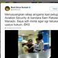   Menhub menyesalkan penamparan wanita kepada petugas Avsec di Bandara Sam Ratulangi, Manado, Sulawesi Utara. (Foto: Capture tweet akun Twitter Menhub Budi Karya Sumadi/@BudiKaryaS)