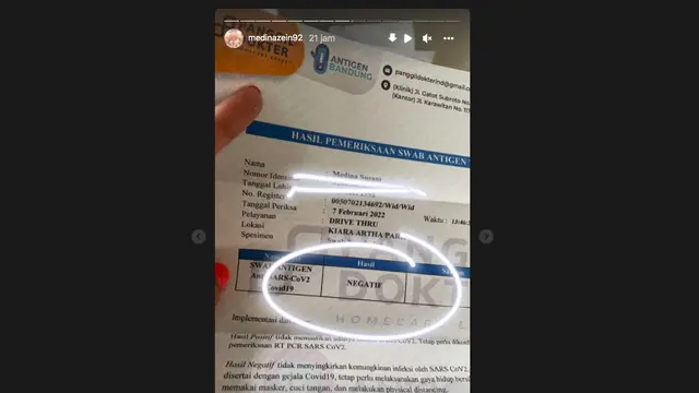 Medina Zein Langsung Tes Swab Lagi Saat Tahu Suami Positif Covid-19. (instagram.com/medinazein92)