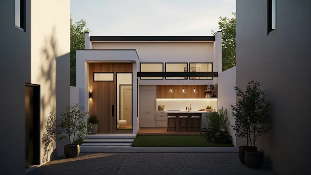 Desain Rumah 1 Lantai Tipe 36 di Gang Sempit dengan Dapur Belakang Terbuka/Gemini AI