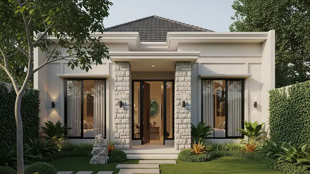 Rumah Kampung Kombinasi Batu Andesit dan Kusen Hitam (Gemini AI)