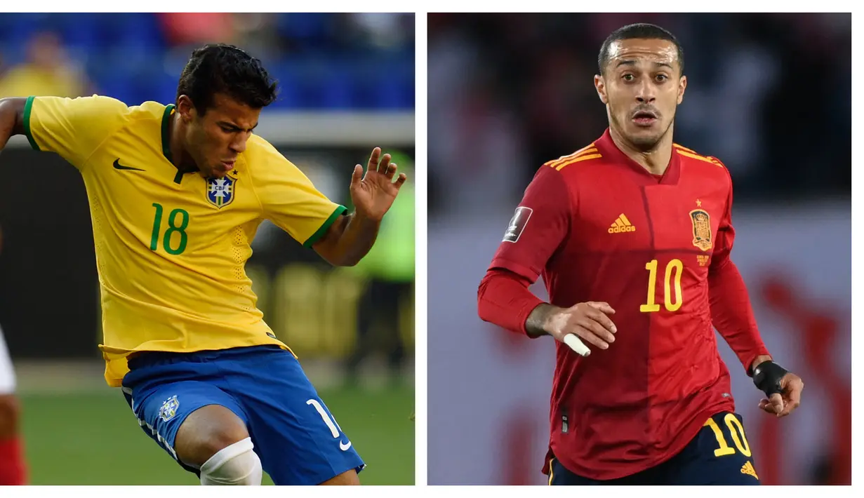 Thiago Alcantara. Gelandang Liverpool ini dilahirkan di Italia dan besar di Spanyol dari orang tua asal Brasil. Akhirnya ia lebih memilih untuk memperkuat Timnas Spanyol. Sementara sang adik, Rafinha yang lahir di Brasil tentunya memperkuat Timnas Brasil. (Kolase AFP)