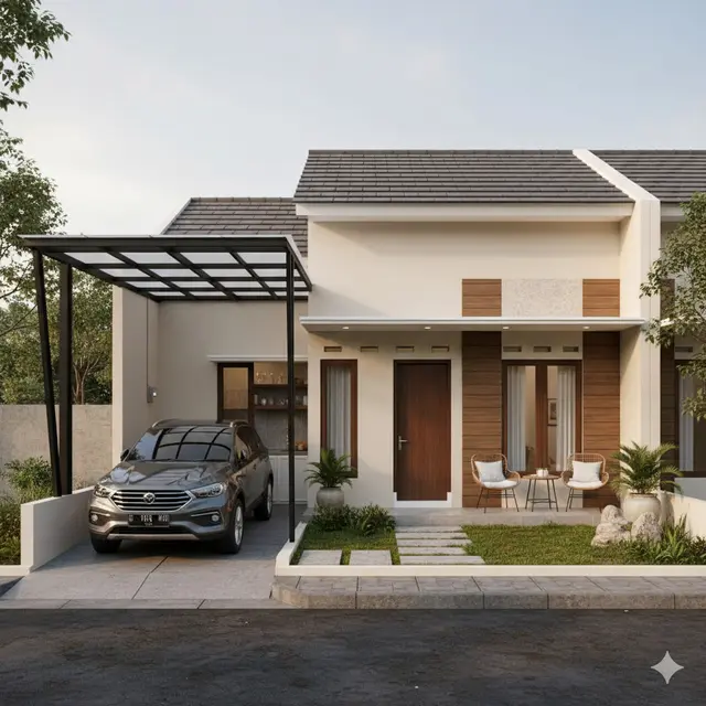 Desain Rumah Tipe 36 dengan Kanopi Mobil dan Halaman Depan