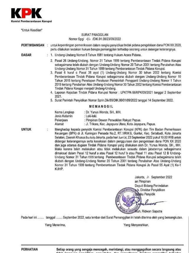 Surat panggilan kepada Yunus Wonda selaku pimpinan DPRD Papua yang mengatasnamakan KPK. Surat dipastikan Hoaks,
