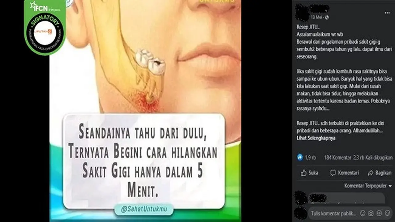 Gambar Tangkapan Layar Klaim Berkumur Air Rebusan Kulit Batang Mangga dan Garam Bisa Sembuhkan Sakit Gigi (sumber: Facebook).