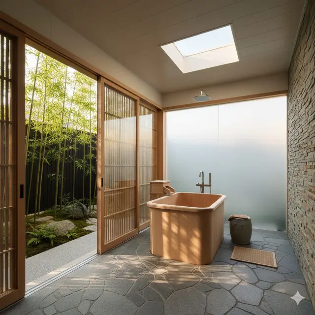 Kamar Mandi Konsep Semi Outdoor ala Japandi