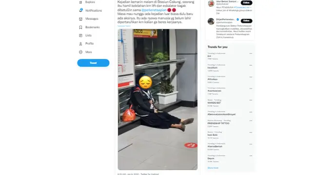 Tangkapan layar postingan viral ibu hamil kelelahan saat naik tangga di Stasiun  Cakung seperti dibagikan akun @jalurbekasi.