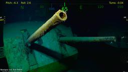 Reruntuhan bangkai kapal induk Amerika Serikat (AS), USS Juneau, dari era Perang Dunia II di dekat perairan Kepulauan Solomon, 19 Maret 2018. Bangkai kapal ditemukan pada kedalaman 3.962 meter di bawah permukaan laut. (Paul G. Allen via AP)