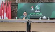 Waskjen DPP PKB Syaiful Huda menyampaikan pernyataan pers terkait persiapan Pilkada Serentak 2024. (Liputan6.com/Winda Nelfira)