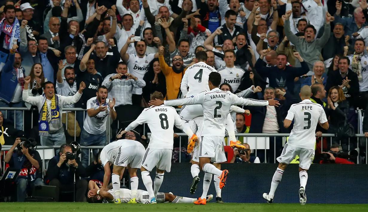 Berkat kemenangan ini, Real Madrid berhak melenggang ke semifinal Liga Champions dengan keunggulan agregat 1-0. Di leg pertama, Madrid ditahan imbang 0-0 Atletico. (AP Photo/Andres Kudacki)