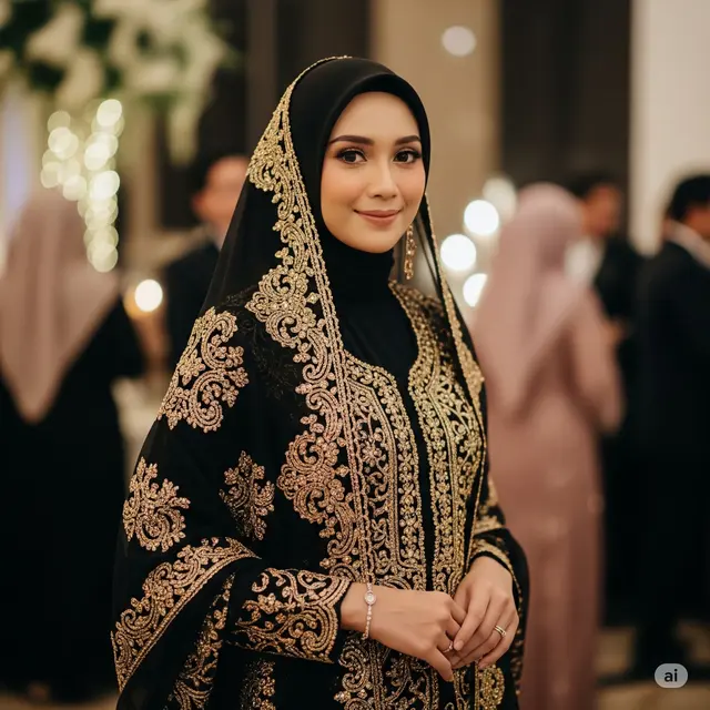 Gamis Brokat Hitam + Bordir Emas