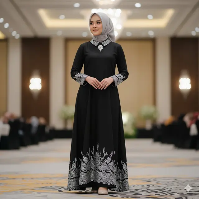 Gamis Batik Maxi Dress dengan Border Silver Mewah