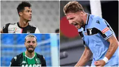 Ciro Immobile berhasil mencetak hattrick saat Lazio melawan Verona. Torehan tiga gol Immobile membuatnya melesat tinggalkan Cristiano Ronaldo di perebutan top skor Serie A musim ini. Berikut top skor Serie A Italia 2019-2020 hingga pekan ke-36. (kolase foto AFP/AP)